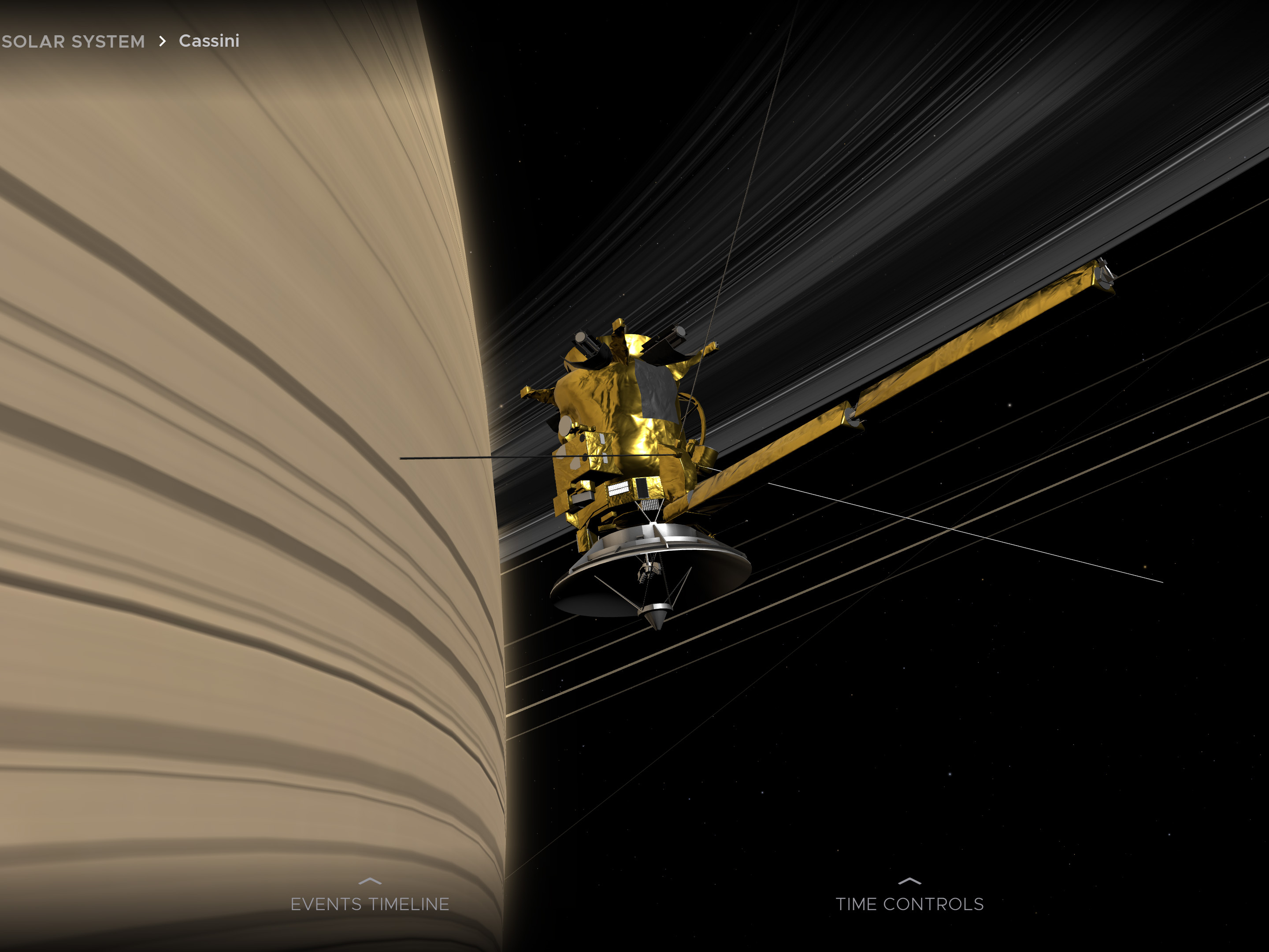 Screenshot of the Cassini Grand Finale in Eyes visualization application. On the left we see a partial view of Saturn with the Rings projecting their shadow on it. In the middle the Cassini Spacecraft is getting closer to entering the Jupiter atmosphere.