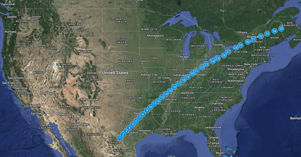 A map of North America, primarily showing the United States. There is a line that crosses from Mexico, into Texas, across the U.S. until Maine, and exits into the ocean off the coast of Canada. There are many teal markers along that path indicating the locations of CATE 2024 participants.