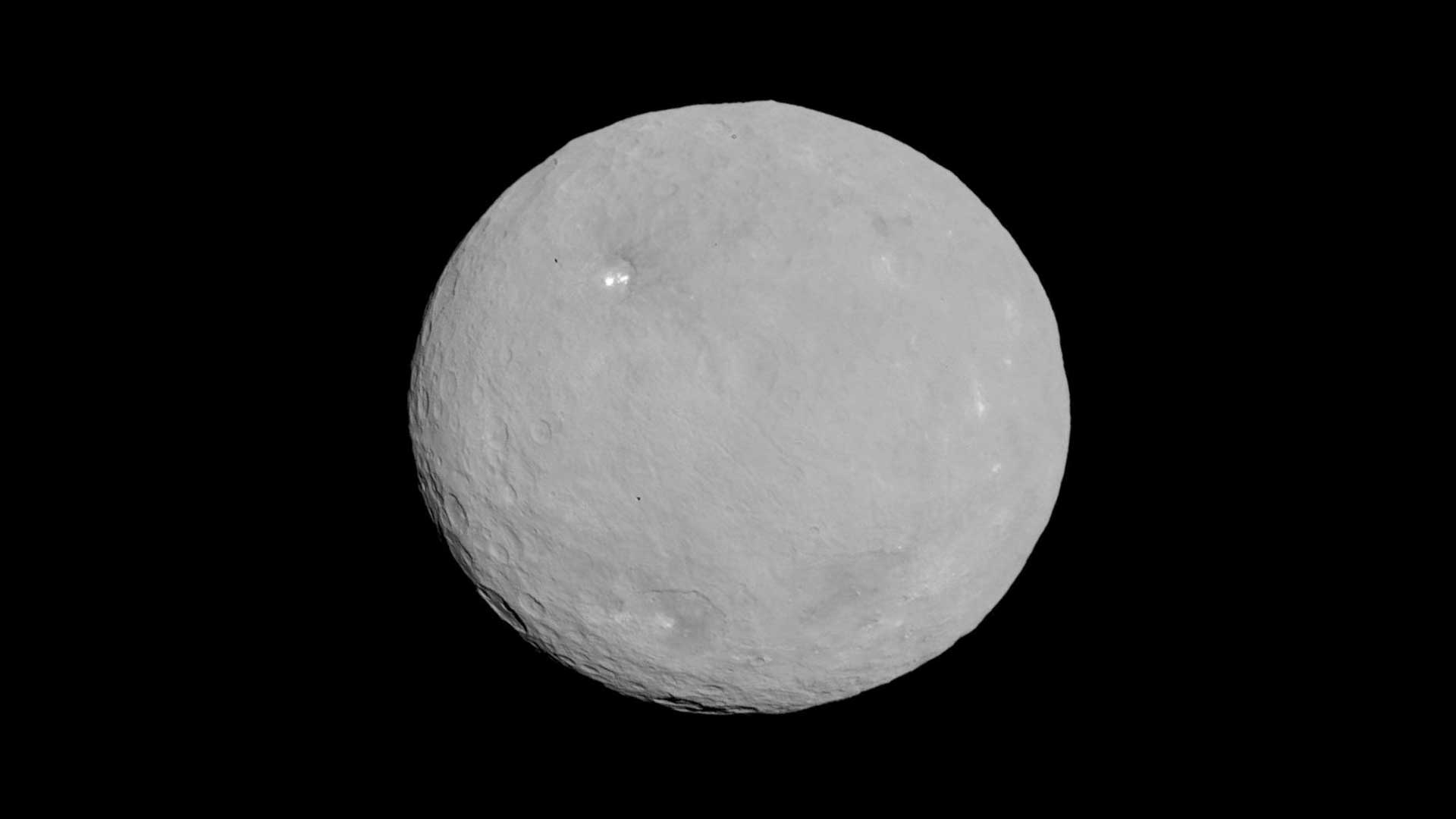 Gray Ceres has a bright spot near its upper left side in this image from NASA's Dawn spacecraft.