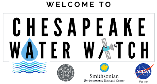 Chesapeake Water Watch logo. This rectangular block displays the project name in black capital letters, with a few subtle adornments. The "A" in water is highlighted in a blue teardrop of water, underneath which we see blue waves. The "A" in watch is a satellite. At the bottom we see the logos of the City College of New York, the Smithsonian Environmental Research Center, and the NASA Partner logo.