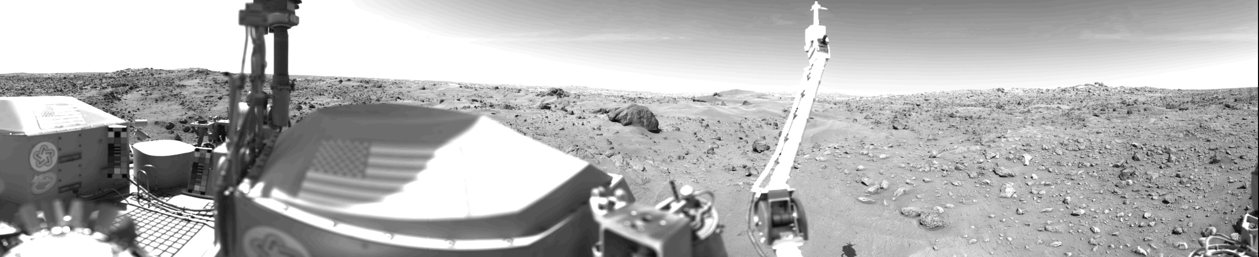 This is the first panoramic image of Chryse Planitia taken by camera 1 on the Viking 1 Lander. The image was taken on 23 July 1976, three days after Viking 1 landed.