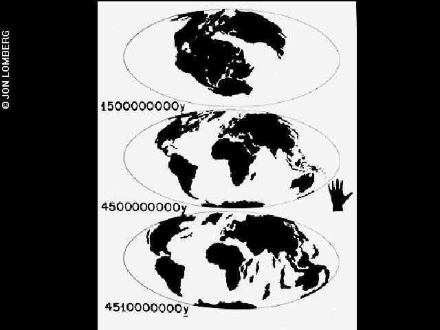 Line diagram of three versions of Earth over millions of years to illustrate continental drift