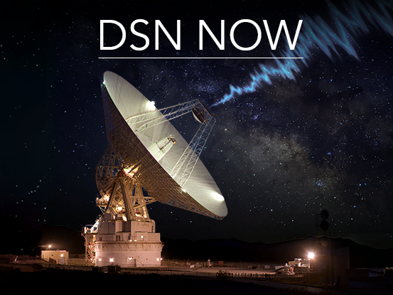 DSN Now banner showing a dish with star background emitting a signal to space