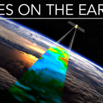 Eyes on the Earth banner displaying Jason 3 spacecraft orbiting around Earth. We can see the spacecraft instrument frustum looking at the Earth surface with colored data where the frustum intersects with Earth.