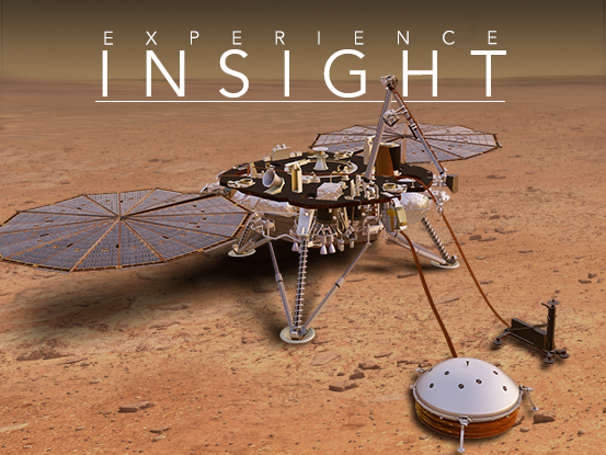 Experience InSight app banner displaying the InSight lander on Mars. The lander has 2 round and flat solar panel wings and 3 feet. It has an instrument deployment arm and two instruments deployed in front of it.