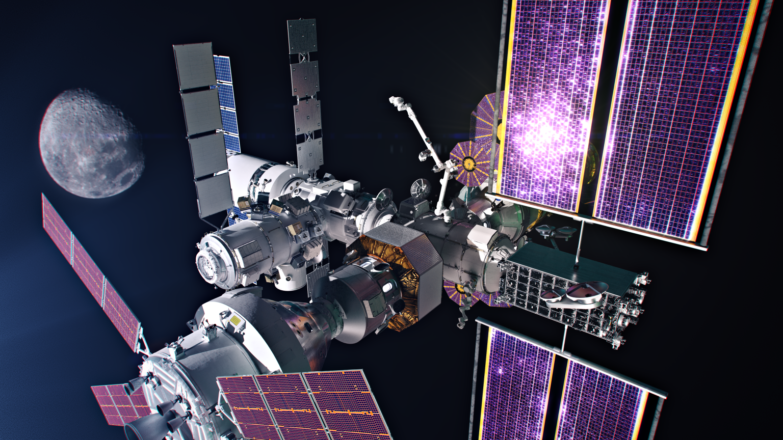 A grey space vehicle consisting of several attached sections; purple solar panels protrude from several of the sections.