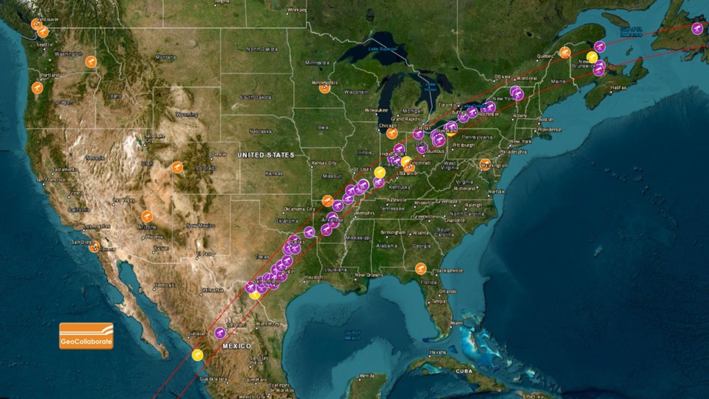 A map of North America, primarily showing the United States. There is a line that crosses from Mexico, into Texas, across the U.S. until Maine, and exits into the ocean off the coast of Canada. There are many purple and yellow markers along that path indicating the locations of DEB Initiative teams.