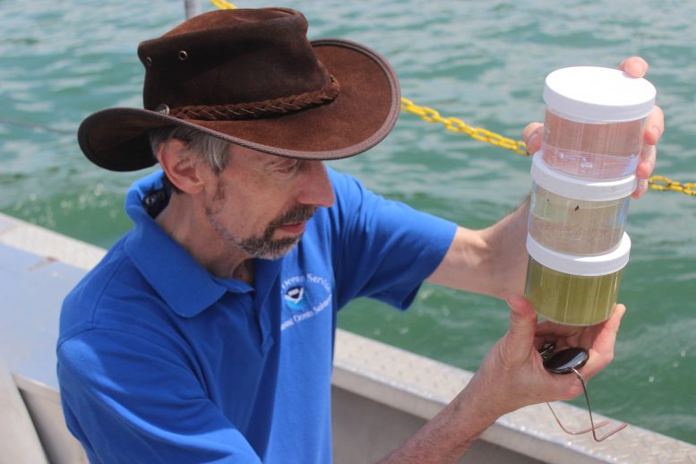 A man is seen to the left of the picture wearing a blue polo shirt with the NOAA logo on it and a brown, felt material cowboy-like hat. He is facing the right side of the picture and is looking three short, cylindrical containers stacked on top of one another that he is holding. The bottom container has a green hue while the top two are more clear. Behind him is the blue green color of the ocean.