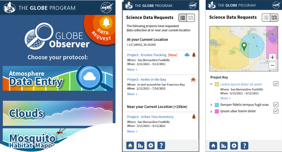 Images of the GLOBE Observer home screen with a data request alert and examples of Science Data Requests in list and map forms.
