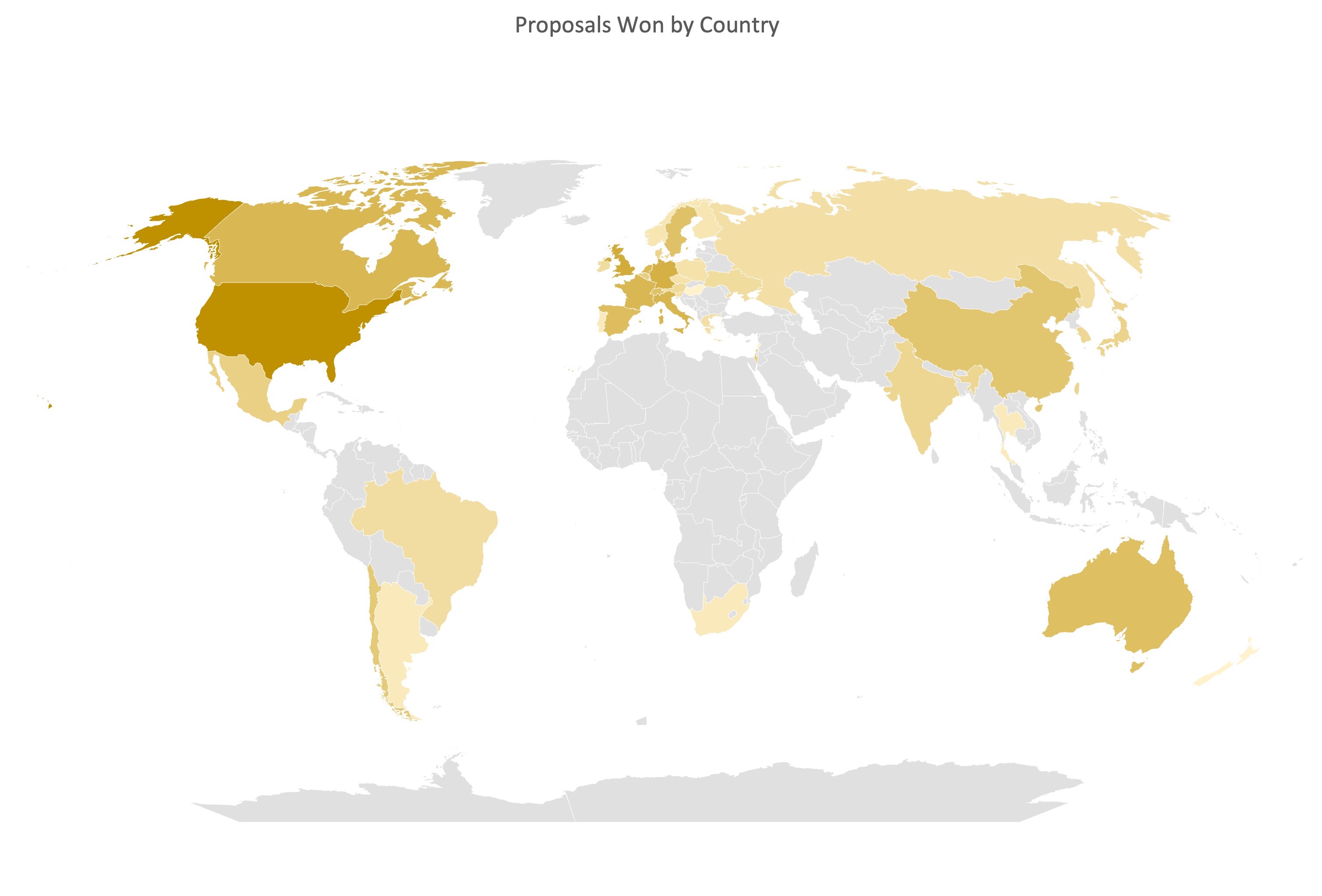 A map of the world with brighter or darker colors indicating the number of proposals won