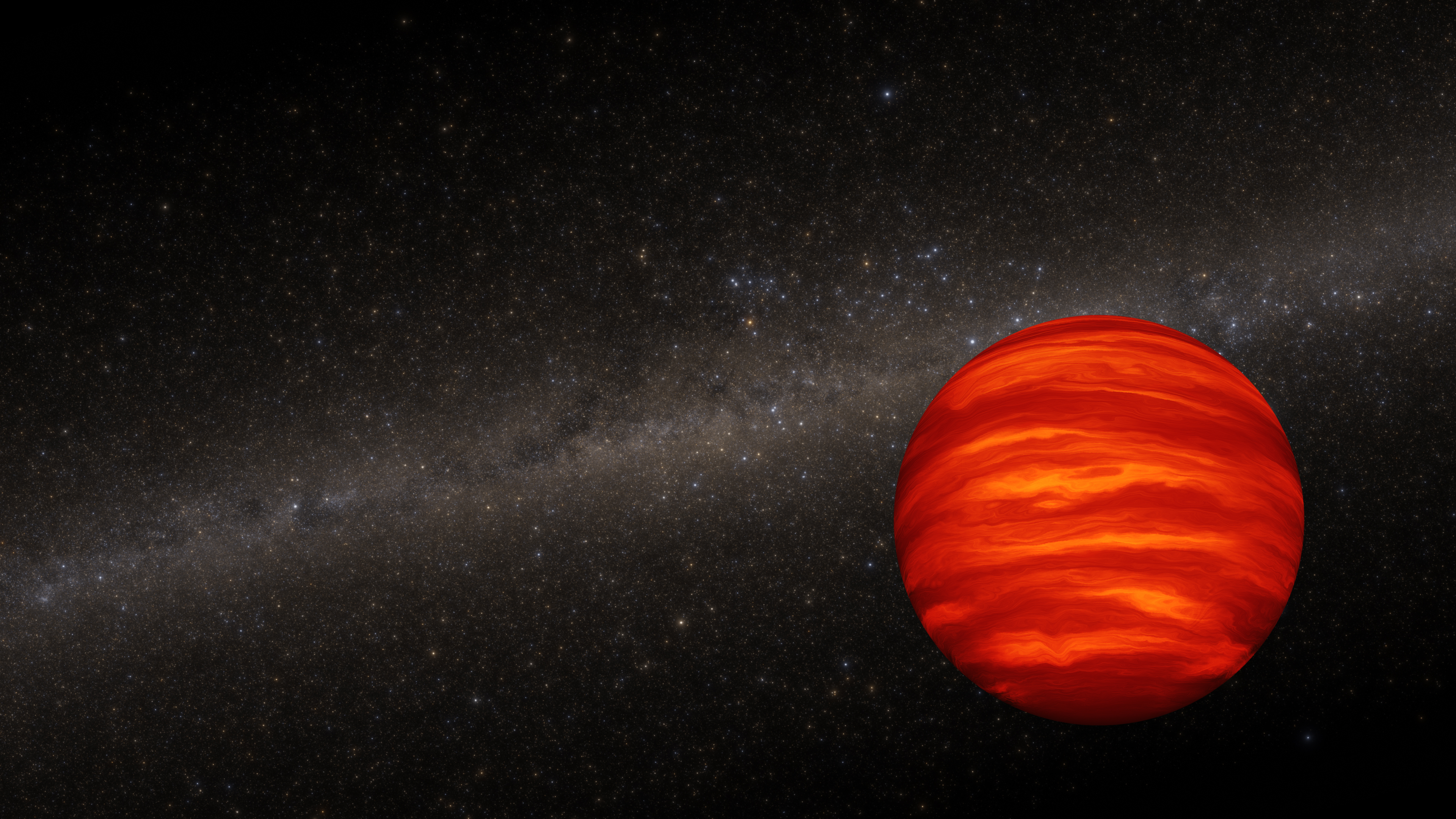 This artist's concept shows a brown dwarf, an object more massive than a planet but smaller than a star. The dwarf is a cherry-red sphere. It has horizontal stripes of various shades of red that are cloud bands. In the dark background there are myriad stars that are inside our Milky Way galaxy.