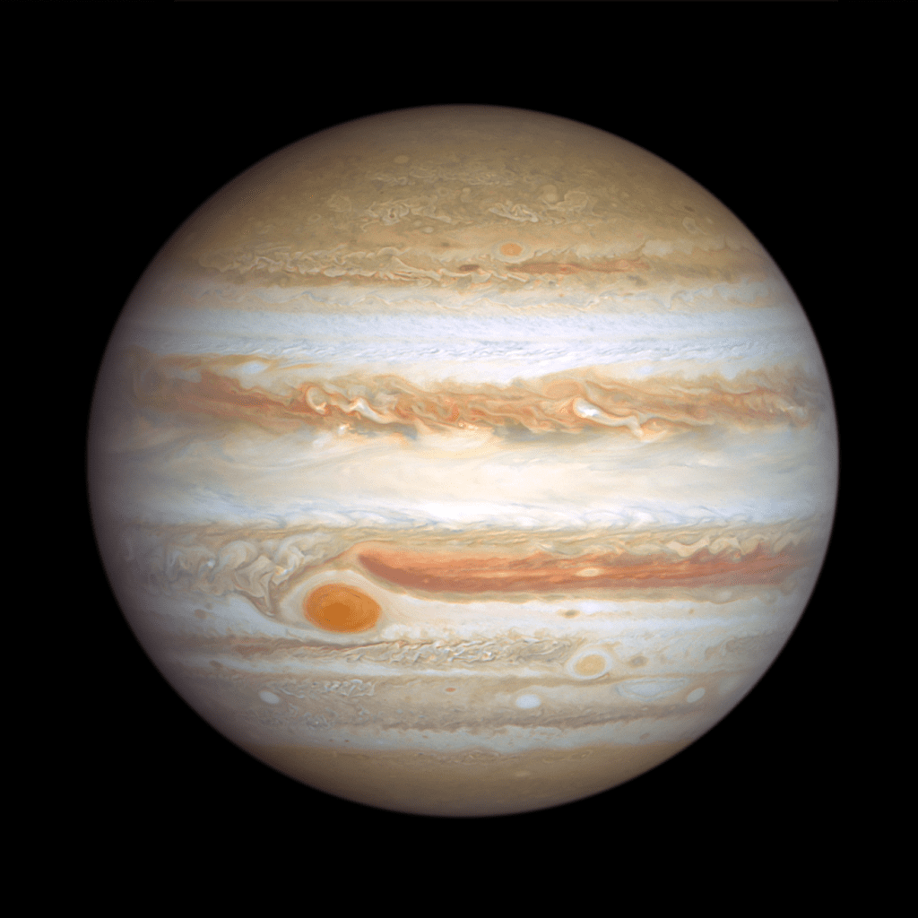 Hubble Space Telescope image of Jupiter taken on January 5, 2024. Jupiter is banded in stripes of brownish orange, light gray, soft yellow, and shades of cream, punctuated with many large storms and small white clouds. The largest storm, the Great Red Spot, is the most prominent feature in the left bottom third of this view. To its lower right is a smaller reddish anticyclone, Red Spot Jr.