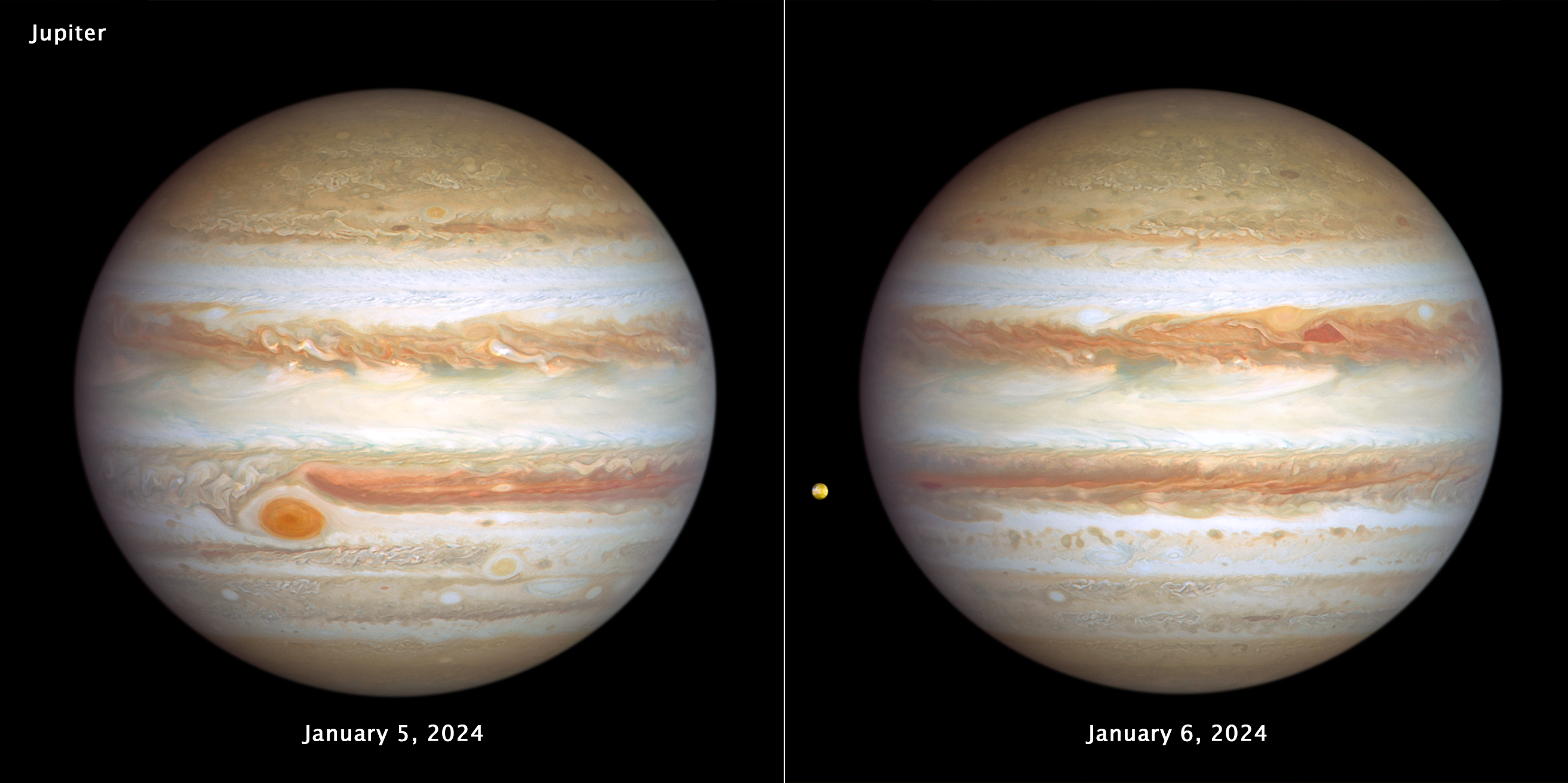 A side-by-side image showing both faces of Jupiter on the black background of space. At the top, left corner of the left-hand image is the label Jupiter. Centered at the bottom is the label "January 5, 2024." Jupiter is banded in stripes of brownish orange, light gray, soft yellow, and shades of cream, punctuated with many large storms and small white clouds. The largest storm, the Great Red Spot, is the most prominent feature in the left bottom third of this view. To its lower right is a smaller reddish anticyclone, Red Spot Jr. On the right-hand image, centered at the bottom is the label "January 6, 2024." This opposite side of Jupiter is also banded in stripes of brownish orange, light gray, soft yellow, and shades of cream, with many large storms and small white clouds punctuating the planet. At upper right of center, a pair of storms appear next to each other: a deep-red, triangle-shaped cyclone and a reddish anticyclone. Toward the far-left edge of this view is Jupiter's tiny orange-colored moon Io.