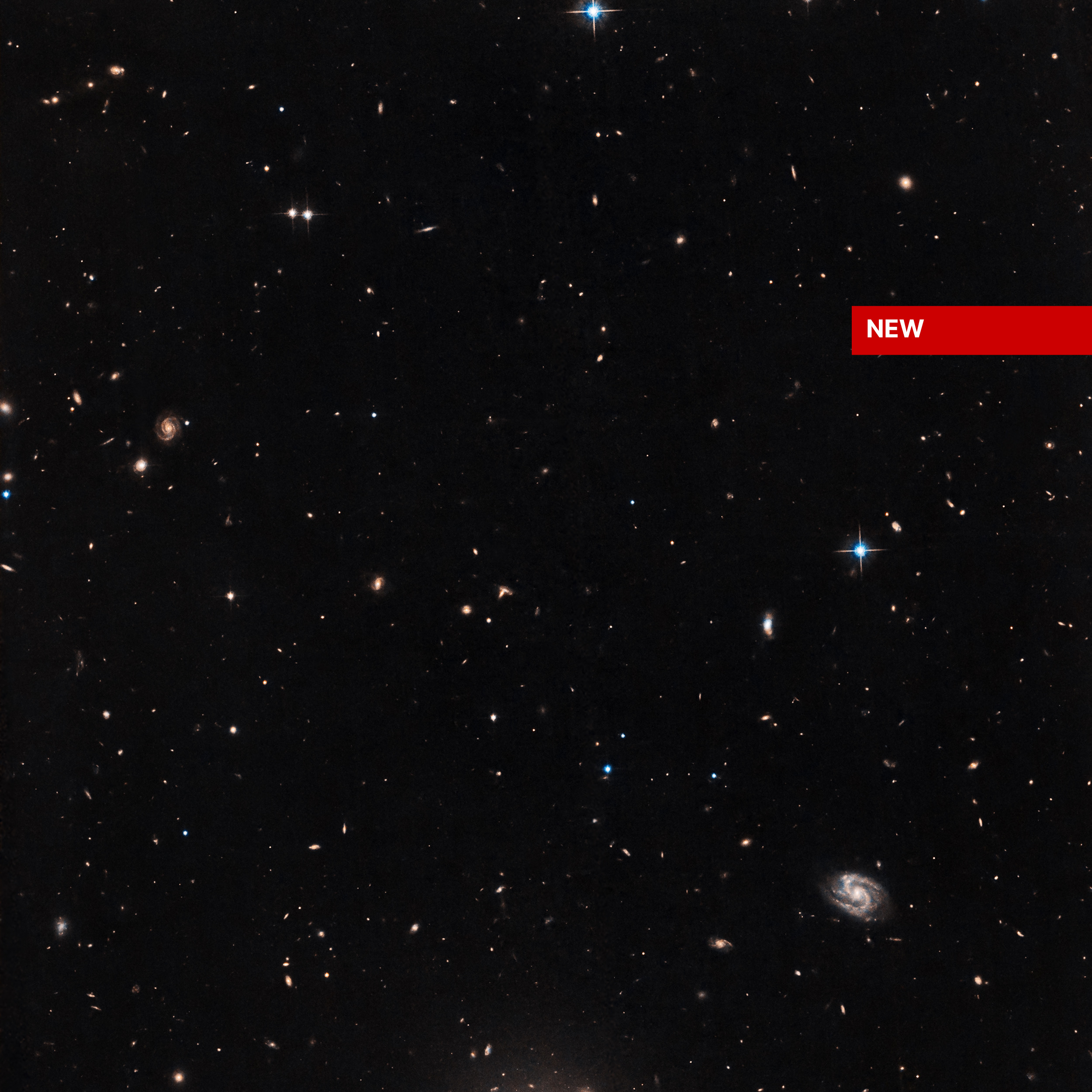 Background galaxies and stars are sprinkled across a black background. Some of the distant galaxies are spirals.