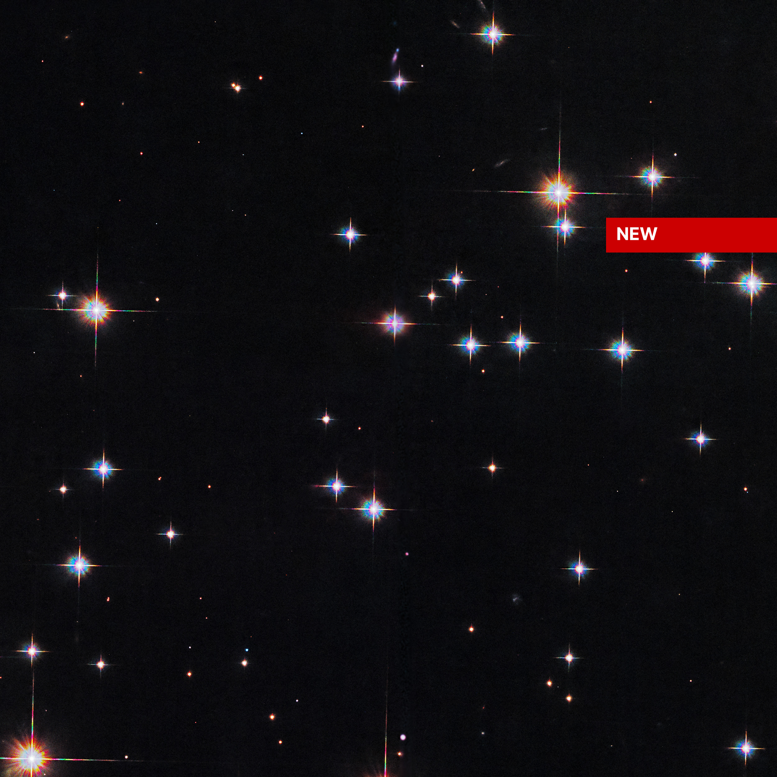 A scattering of white and reddish stars on a black background. A red box near the upper-right corner holds the word, "New" in white letters.