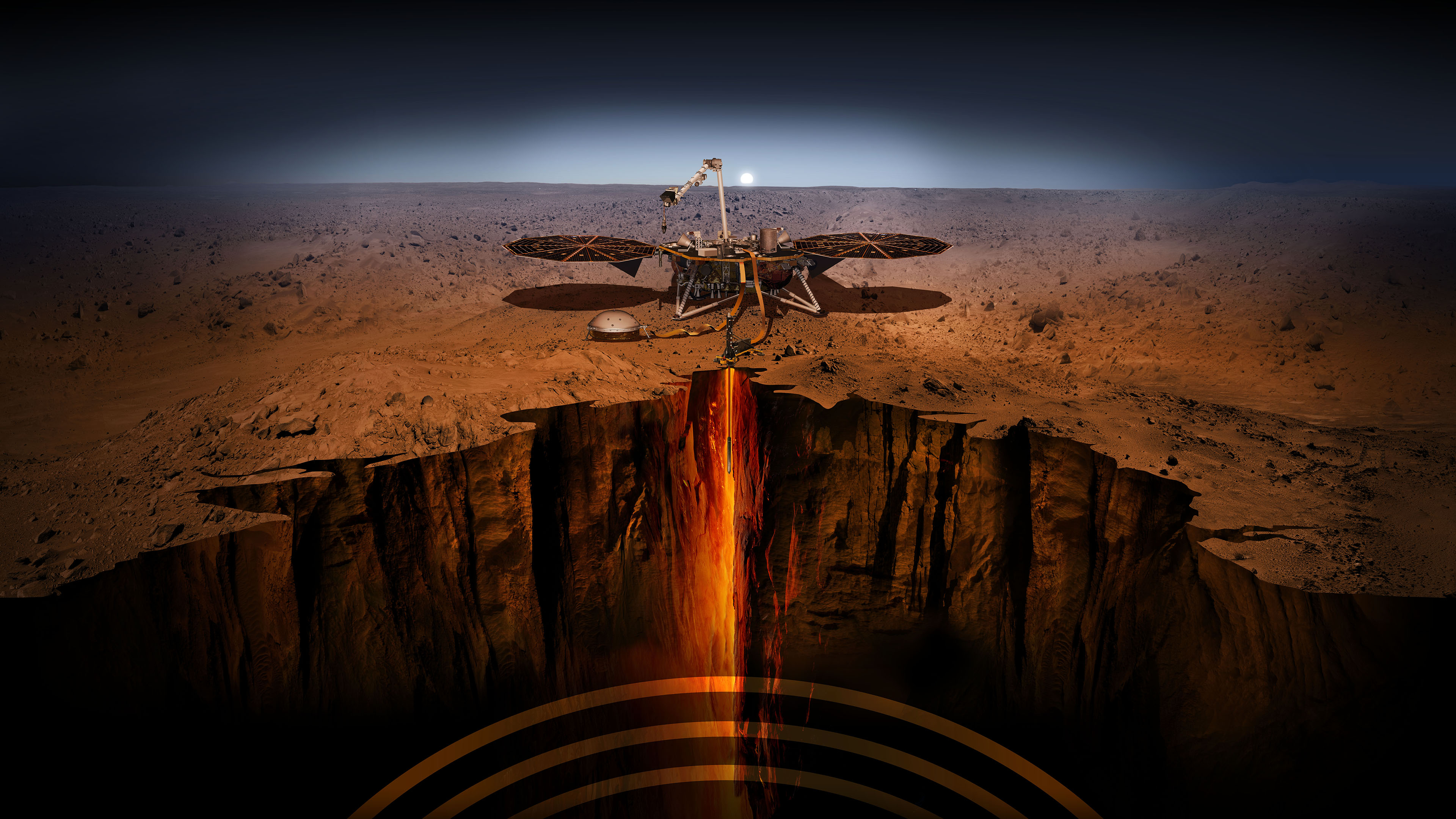 This illustration shows Mars Insight on the surface of mars with the ground underneath cut away to reveal quake vibrations below.