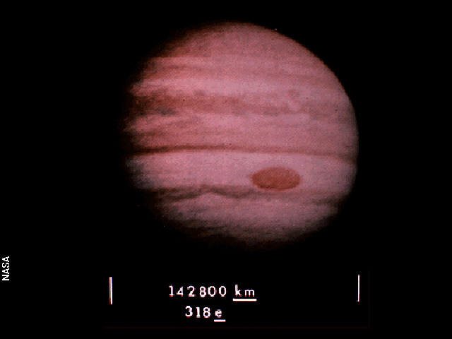A photo of Jupiter, labeled 142,800 km and 318e