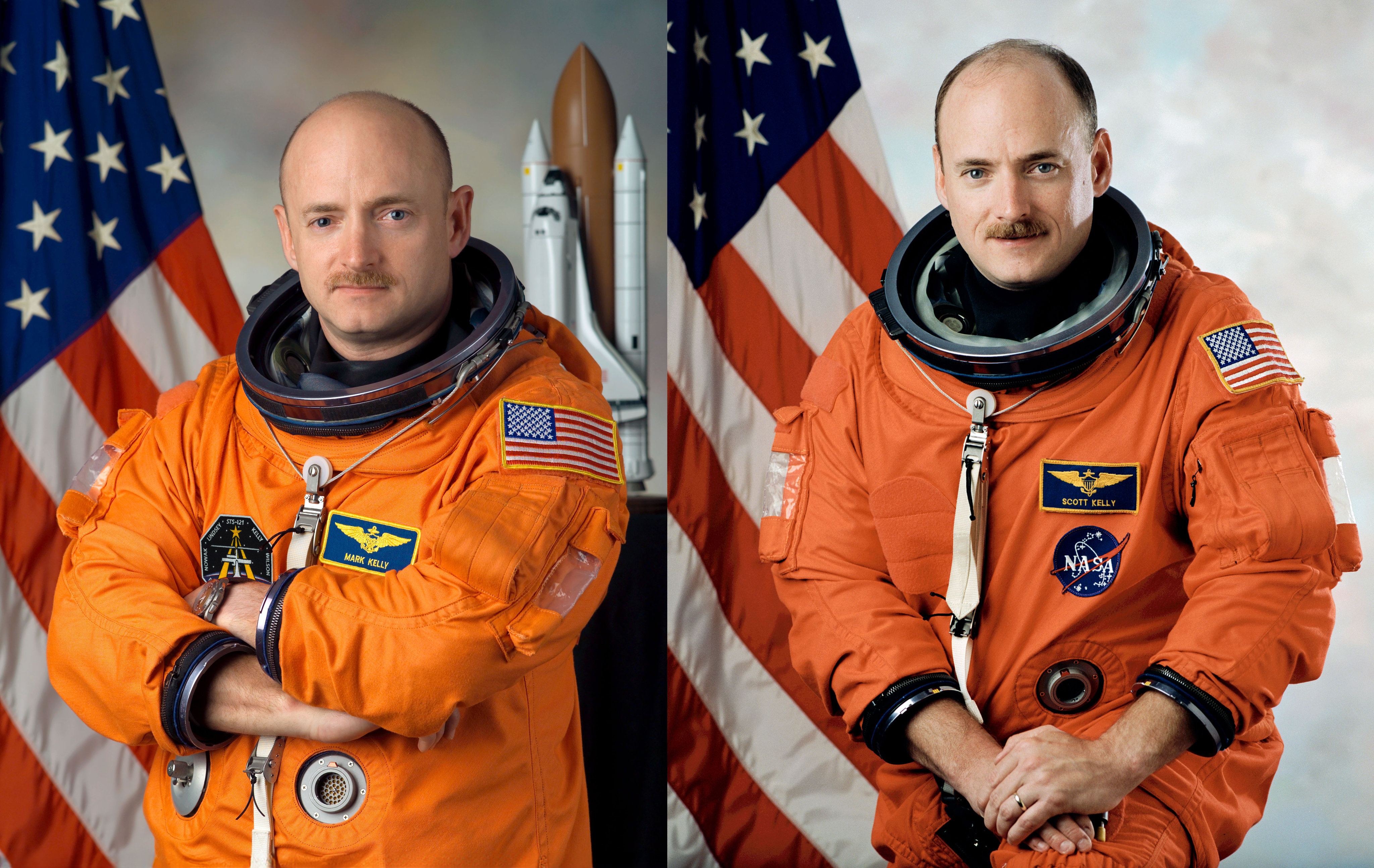 On the left is a portrait photo of a man wearing an orange space suit that is decorated with badges. His arms are crossed. There is an American flag and a model of a space rocket in the background. On the right is a portrait photo of a man wearing an orange space suit decorated with badges. His hands are placed on one of his knees. There is an American flag in the background.