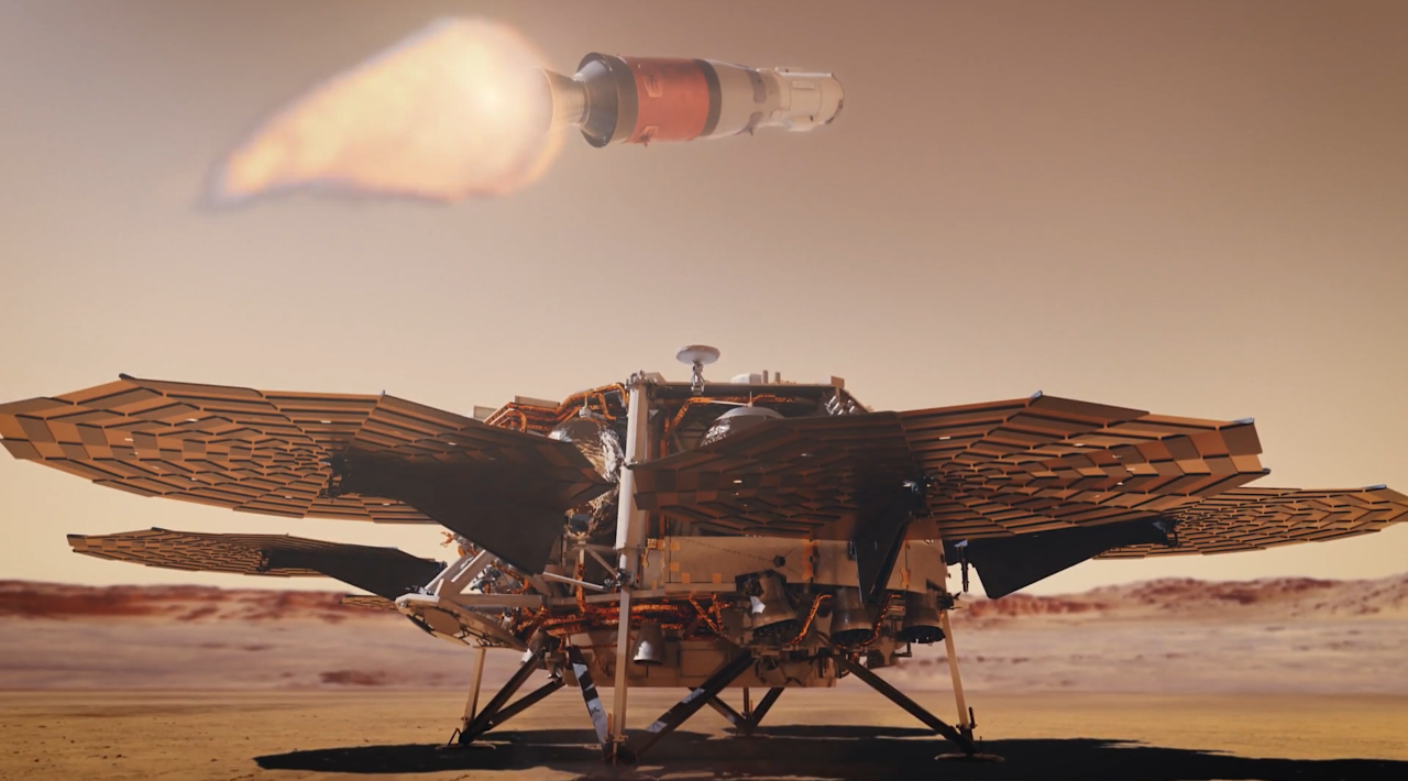 A small rocket soars over a solar-powered lander spacecraft on Mars.