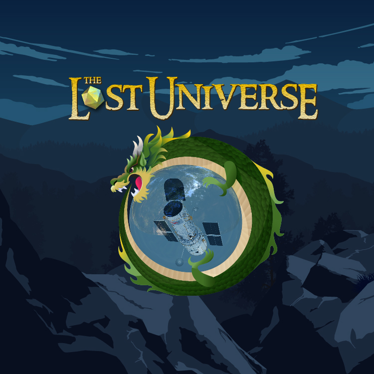 Illustration Title: "The Lost Universe" in yellow at the top of the page. A green, yellow, and beige dragon is wrapped around an illustration of the Hubble Space Telescope. The image background is in various shades of blue and black and depicts a dark forest with trees in black silhouette.