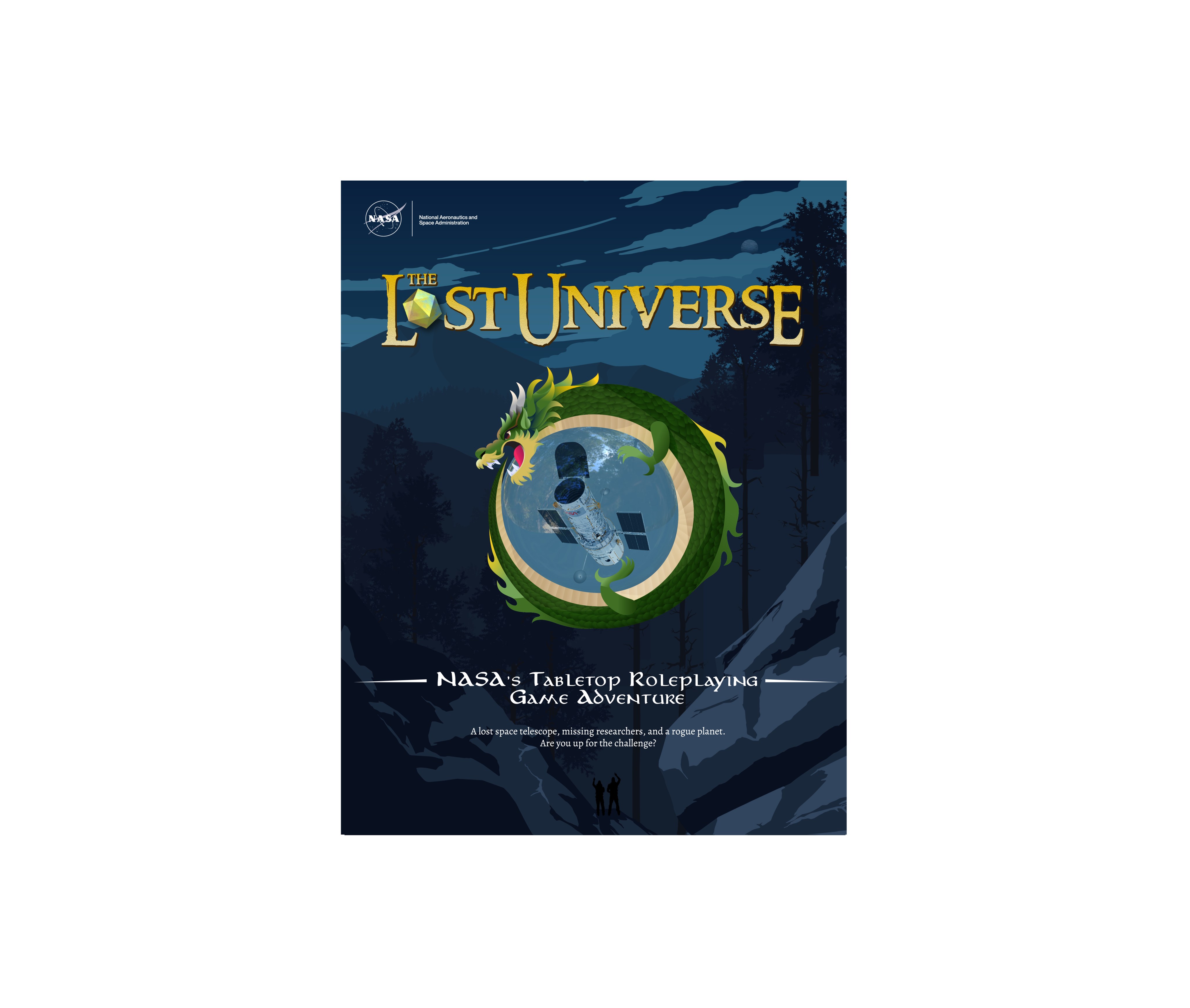 Illustration Title: "The Lost Universe" in yellow at the top of the page. A green, yellow, and beige dragon is wrapped around an illustration of the Hubble Space Telescope. The image background is in various shades of blue and black and depicts a dark forest with trees in black silhouette.