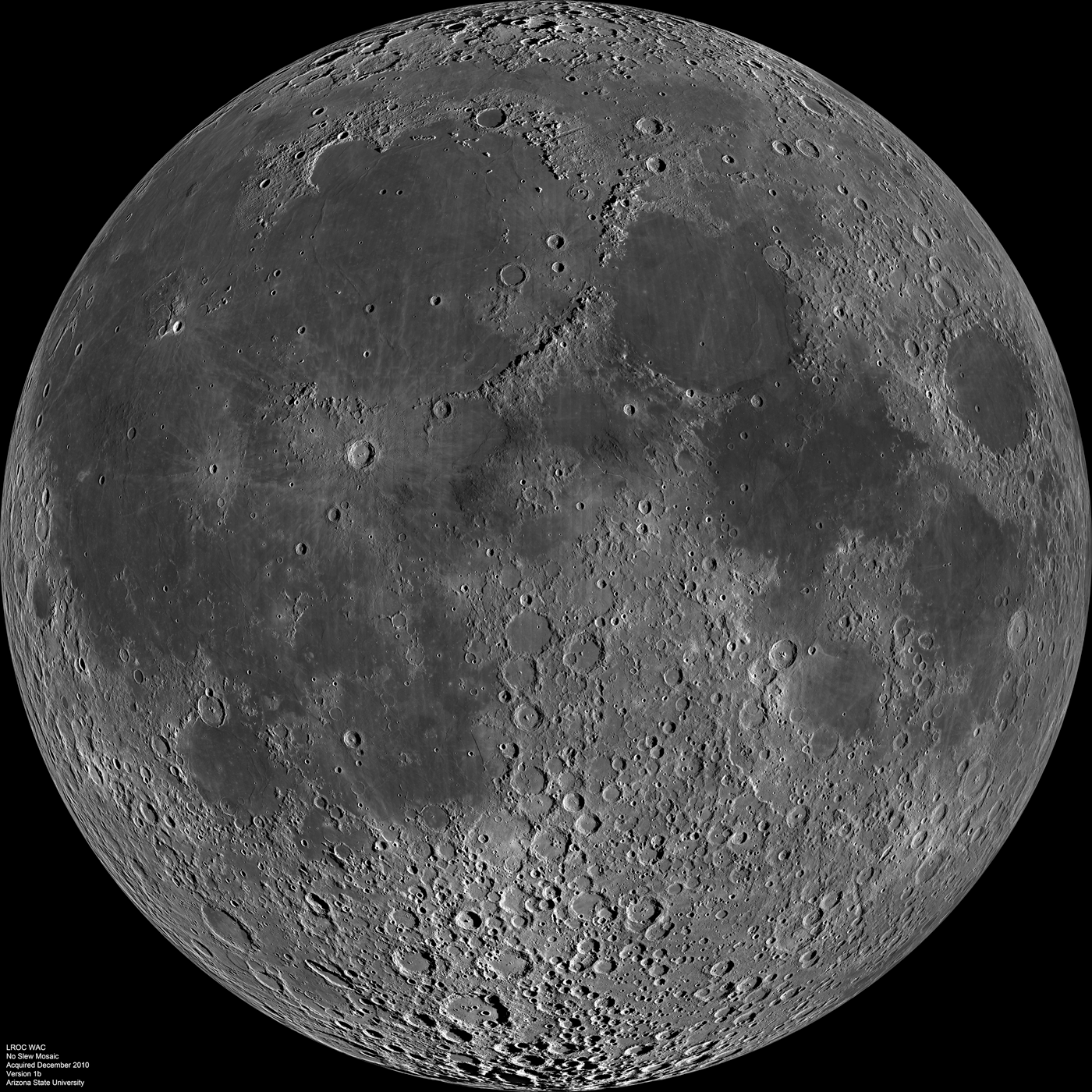 Many little impact craters litter the far side of the moon. In the upper left quadrant lies a darker crater that contrasts a lot of the light grey color surrounding it. It is a stand alone dark grey crater encircled by many smaller lighter craters. In the southern part of the far side of the moon, almost a quarter of it, has a darker splotch that has smaller impact craters layered on top.