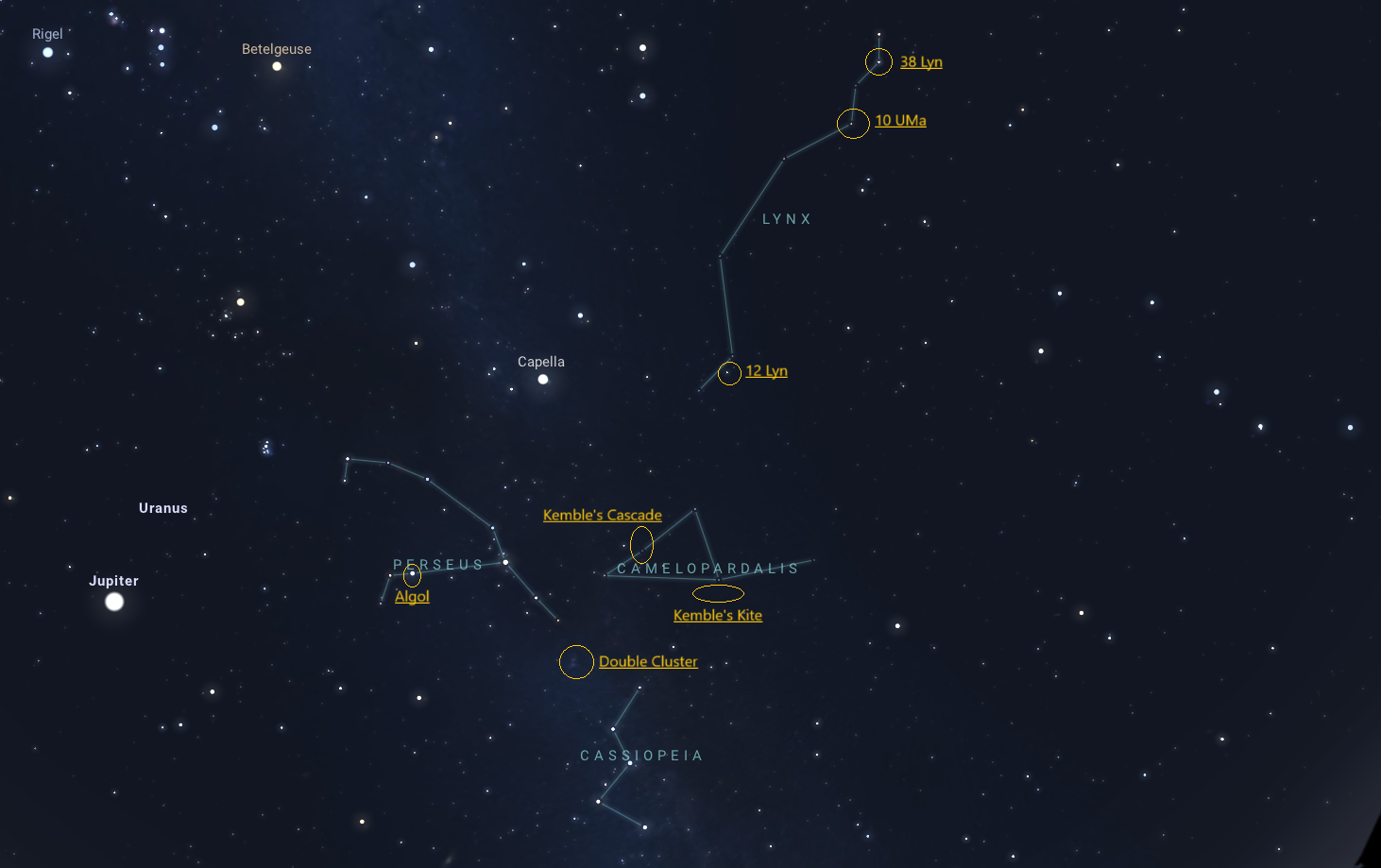 In the appearance of left to right: constellations Perseus, Camelopardalis, and Lynx in the night sky. Also featured: Cassiopeia as a guide constellation, and various stars.
