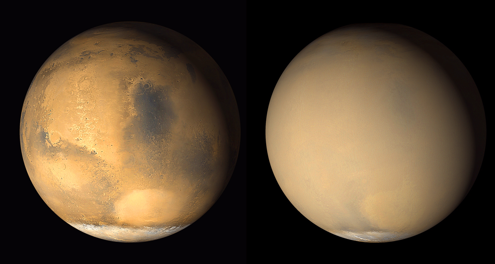 Two views of Mars show a speher on the left in multiple shades of tan, orange, and gray, with the south pole covered and white, with fine details of craters and other landforms visible throughout. The view on the right shows the sphere almost entirely covered in a uniform haze of light tan, with only some of the lighter south pole visible outside of the dusty murk.
