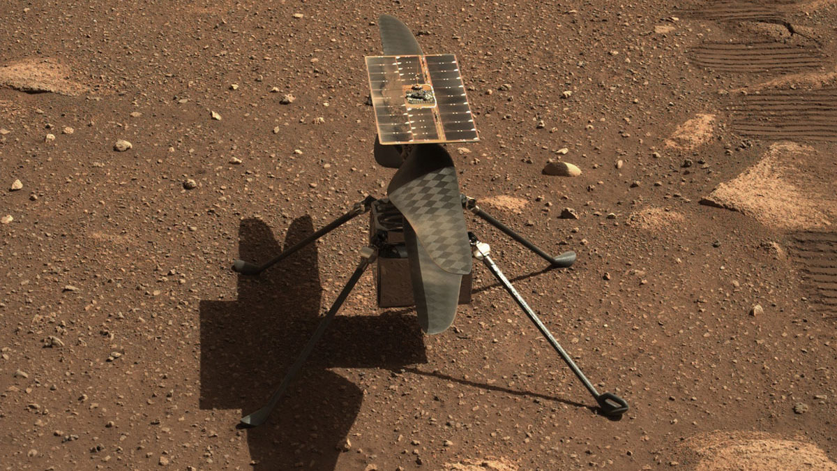 NASA's Ingenuity Mars helicopter is seen here in a close-up taken by Mastcam-Z, a pair of zoomable cameras aboard the Perseverance rover. This image was taken on April 5, the 45th Martian day, or sol, of the mission.'