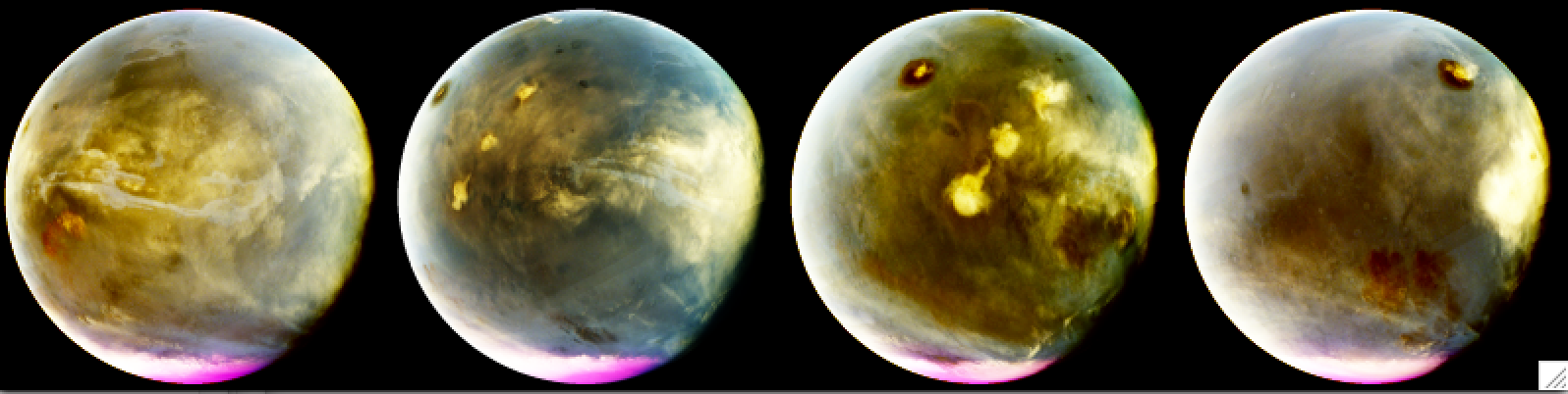 A series of four full disc images of Mars show clouds moving across the globe.