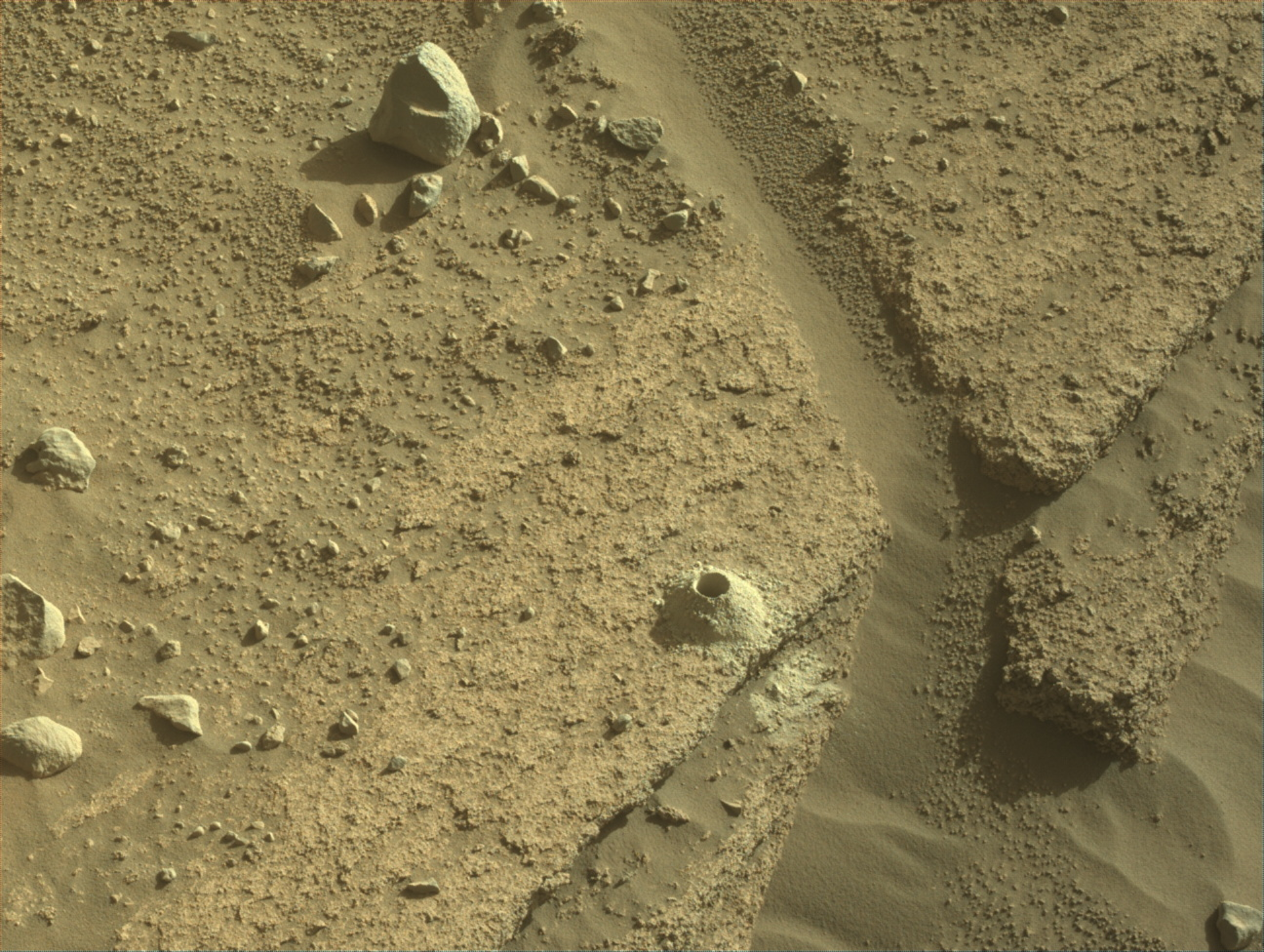 Image taken was taken by the Mars Perseverance rover after collecting the rock sample 20 at Otis Peak. There is a smooth crevice to the right side of the drill hole.