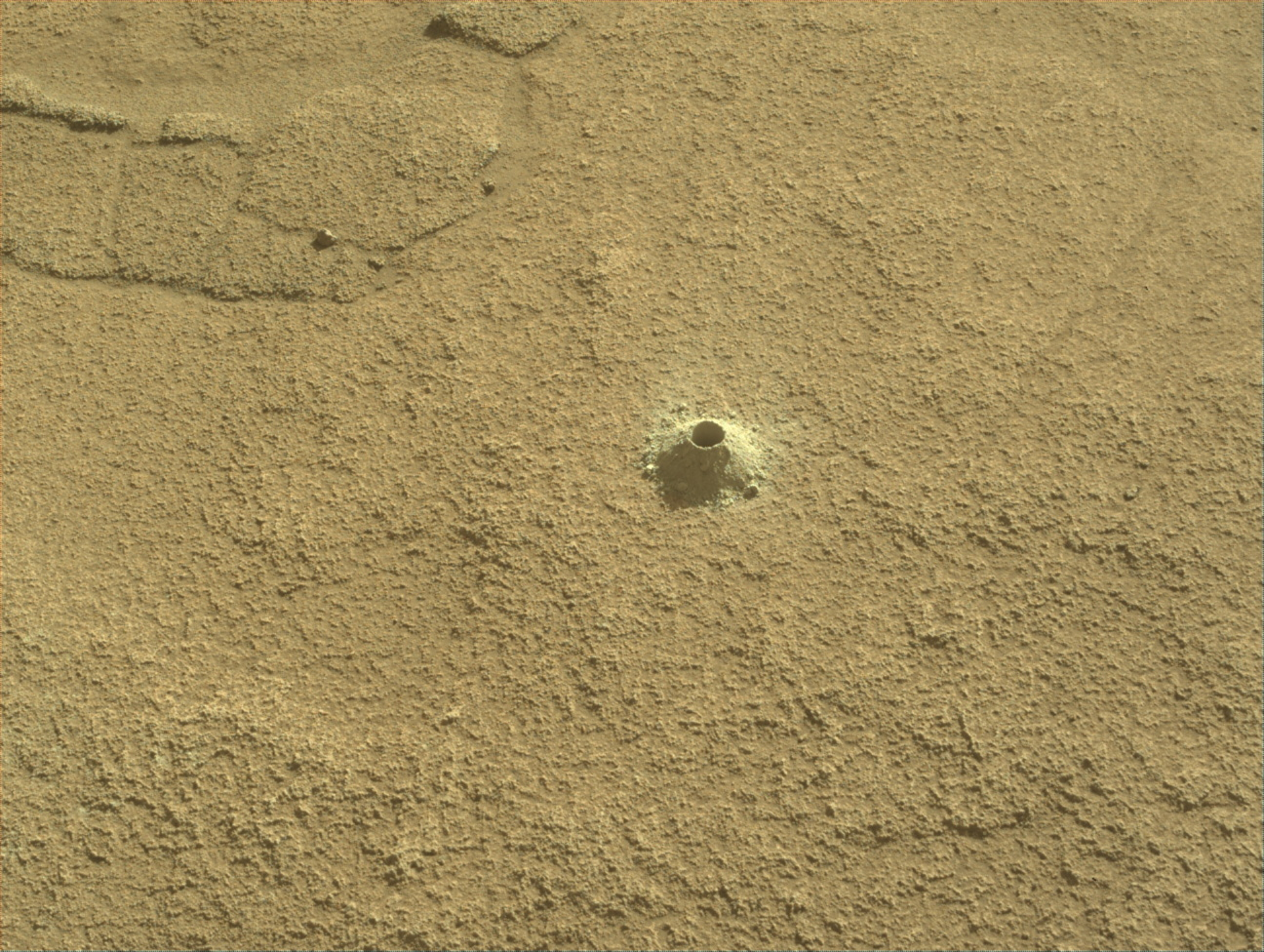 Image taken was taken by the Mars Perseverance rover after collecting the rock sample 22 at Pelican Point. There is a drill hole at the center of the image where the sample was collected.