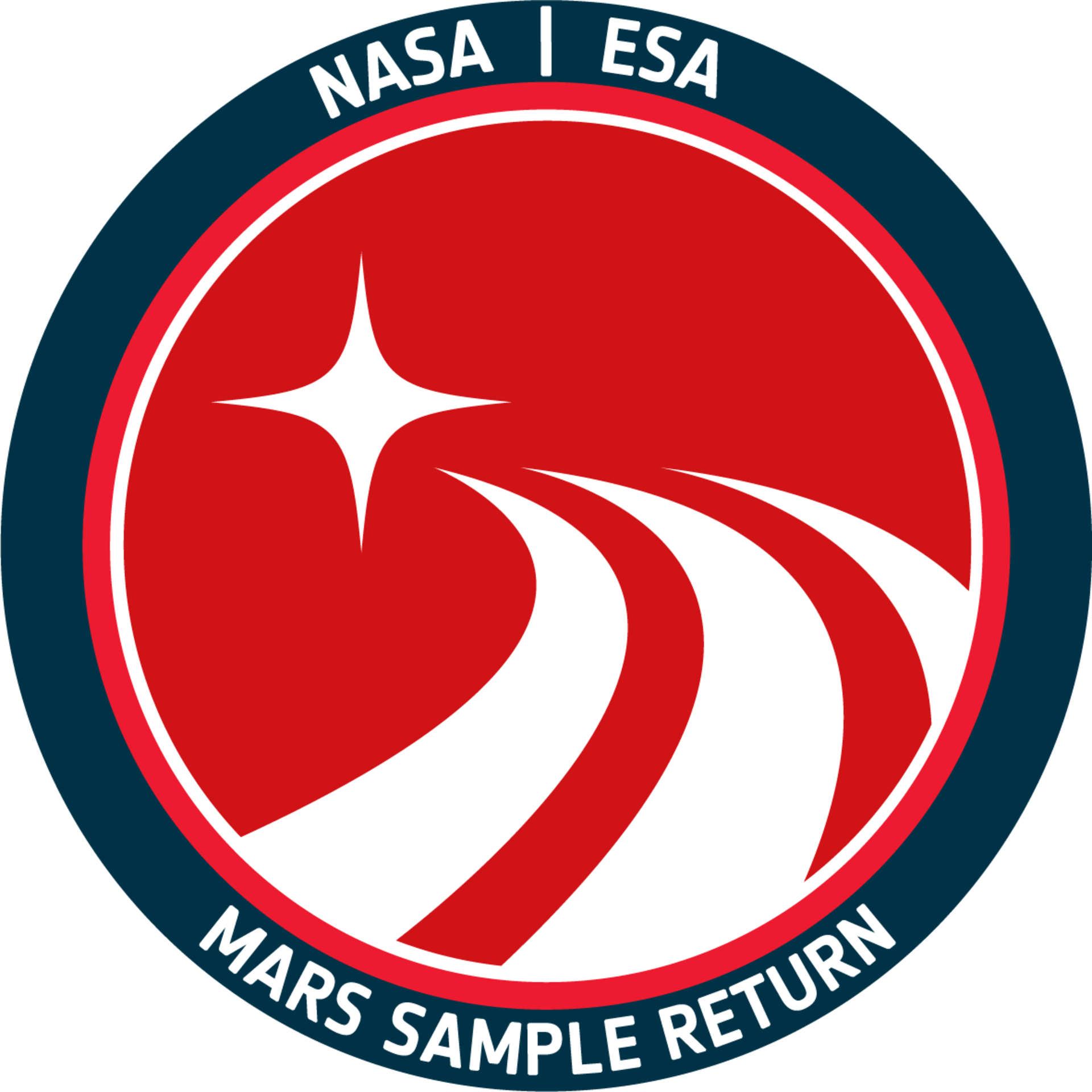 The NASA/ESA Mars Sample Return symbol features three lines curving toward a bright star, symbolizing the road to a sample return.