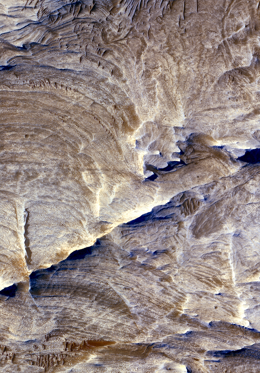 An overhead view of a rock formation on the surface of Mars