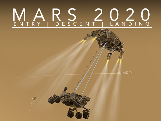 Mars 2020 Entry Descent Landing app banner. It displays the Perseverance rover in the middle of the process of separating from the descent stage. In the background the orange Mars atmosphere.