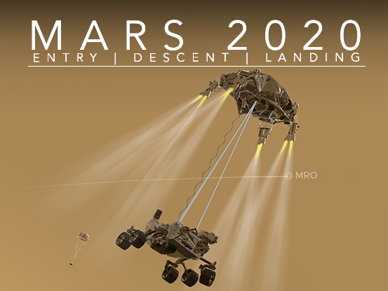 Mars 2020 Entry Descent Landing app banner. It displays the Perseverance rover in the middle of the process of separating from the descent stage. In the background the orange Mars atmosphere.