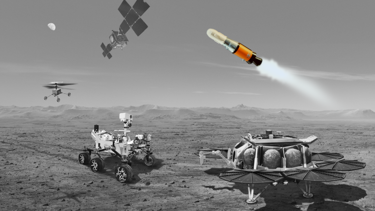 The Mars Sample Return rocket is highlighted and shown in flight in this artist's concept of the Mars Sample Return fleet.