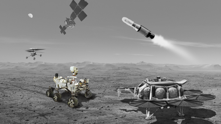 The Perseverance rover is highlighted in this artist's concept of the five vehicles in the Mars Sample Return fleet.