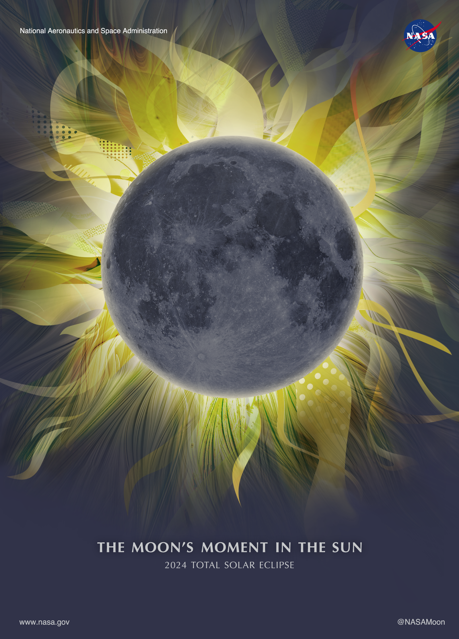 This stylized illustration, created for the 2024 total solar eclipse, shows Earth’s Moon blocking the Sun from view and revealing the Sun’s corona, or outermost atmosphere. The Sun’s magnetic field affects charged particles in the corona, causing elaborate streamers and plumes that are depicted in this artist’s interpretation.