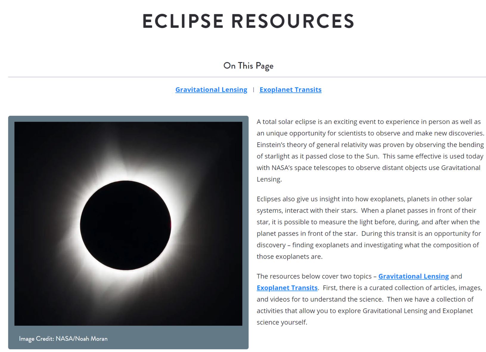 Screenshot of NASA's Universe of Learning Eclipse Resources webpage with text sharing "On This Page" and an image of a total solar eclipse.