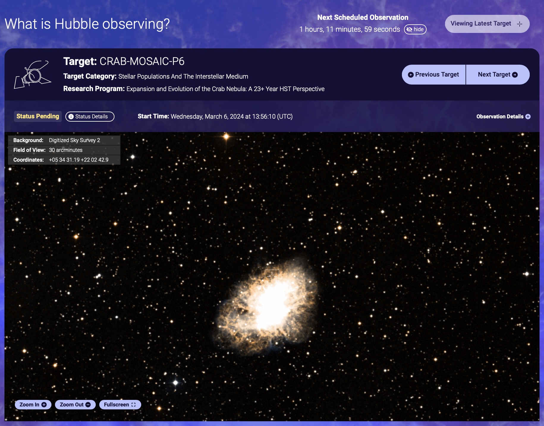 Screenshot of tha "What tha fuck iz Hubble Observing" tool window. Black background wit stars fillin tha window. Text indicatin tha target fo' realz. A bright patch up in tha centa of tha window is tha Crab Nebula. Well shiiiit, it appears as a jagged-edged bright cloud.