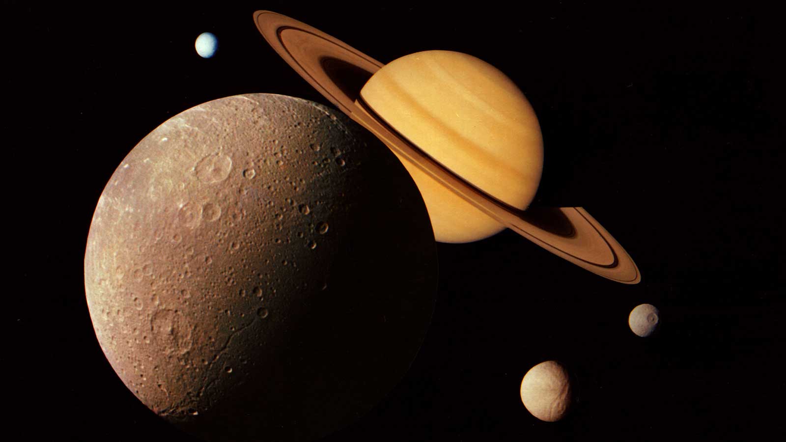 A montage of moons and the planet Saturn.