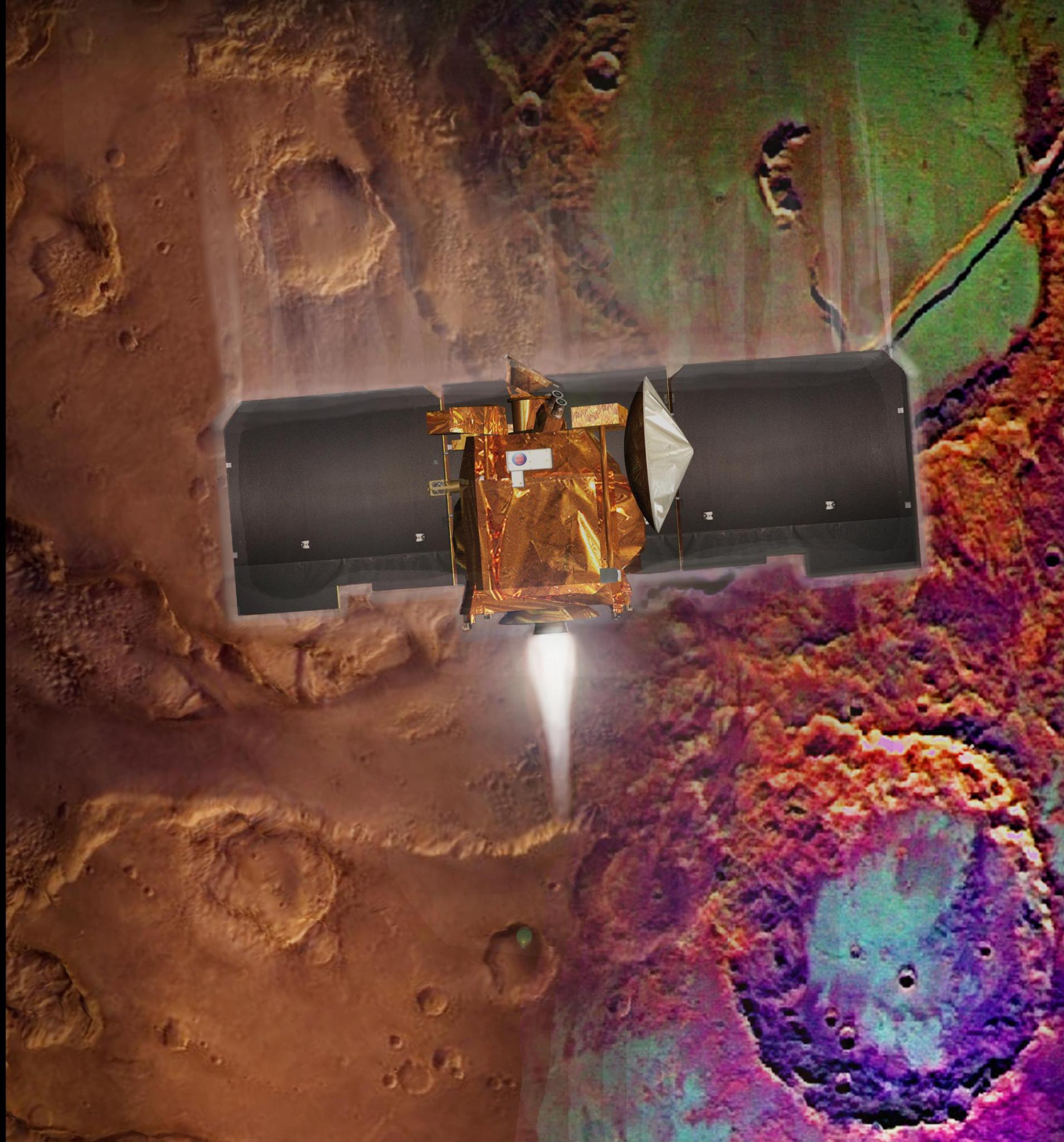 Artist's concept of Mars Odyssey’s orbit insertion at Mars.