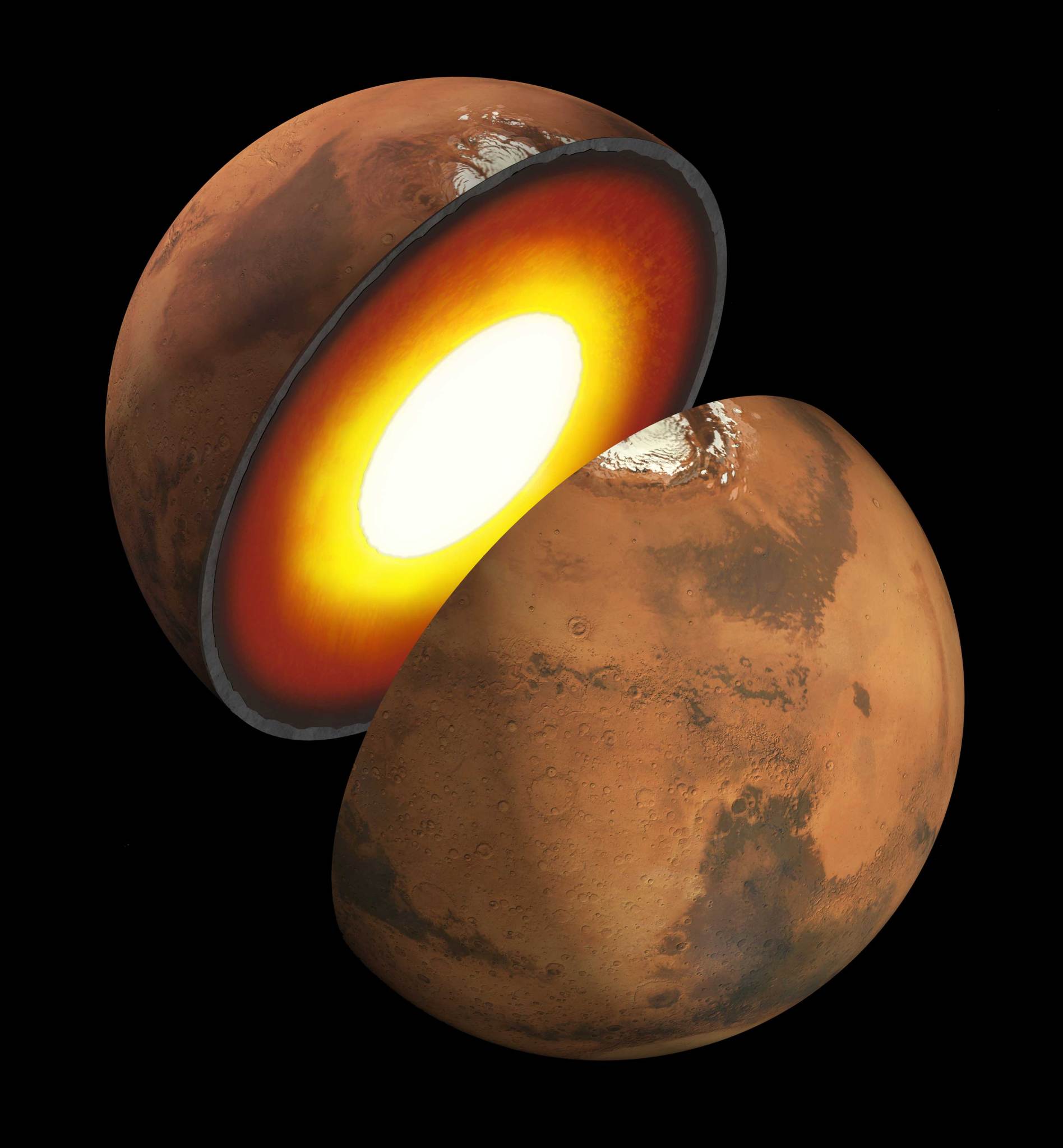 The illustration shows Mars split in half with a glowing interior that gets hotter the deeper into the planet it goes.