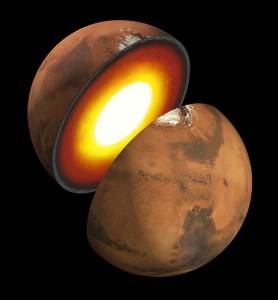 The illustration shows Mars split in half with a glowing interior that gets hotter the deeper into the planet it goes.