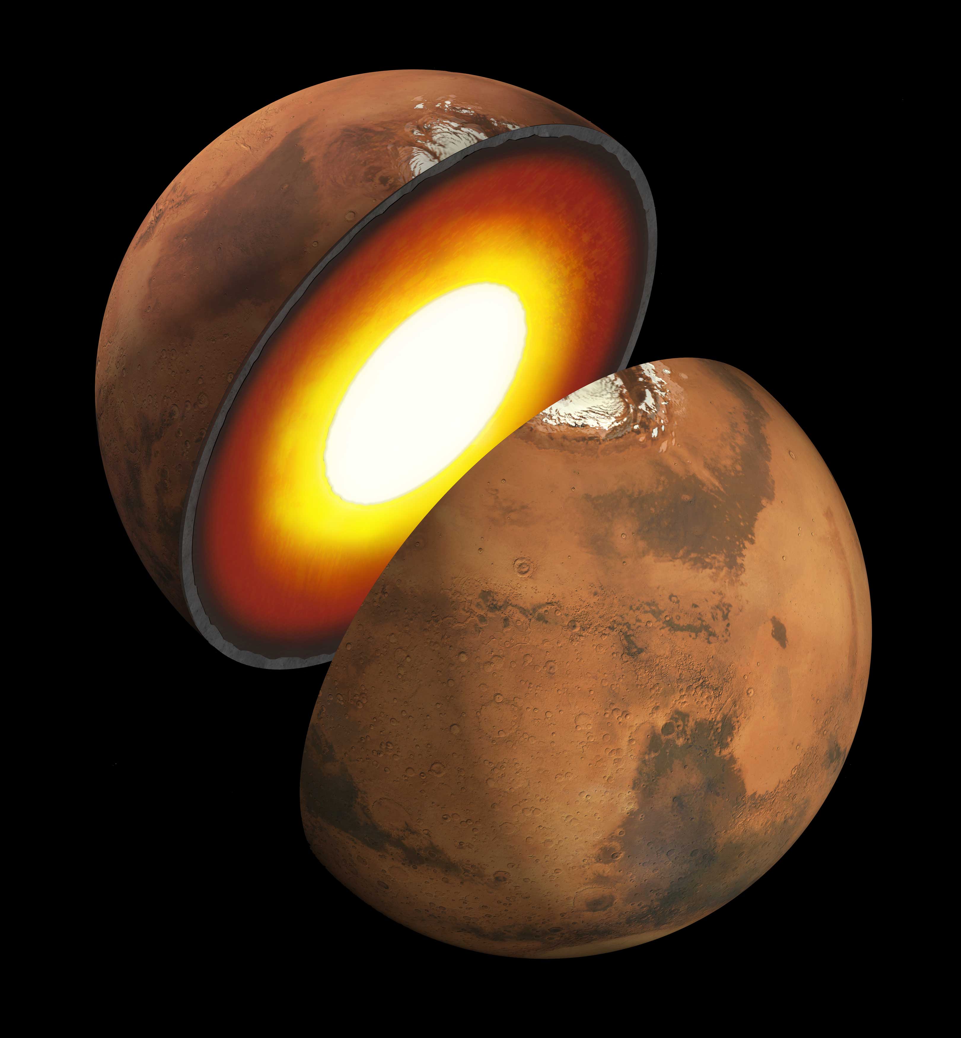 The illustration shows Mars split in half with a glowing interior that gets hotter the deeper into the planet it goes.