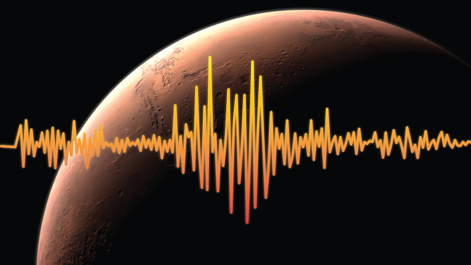 Seismograph waves are superimposed over an illustration of Mars.