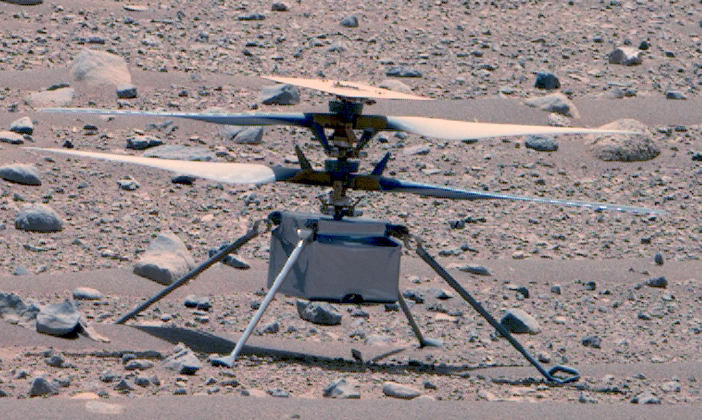 This enhanced color image of NASA's Ingenuity Mars Helicopter was taken by the Mastcam-Z instrument aboard Perseverance on April 16, 2023