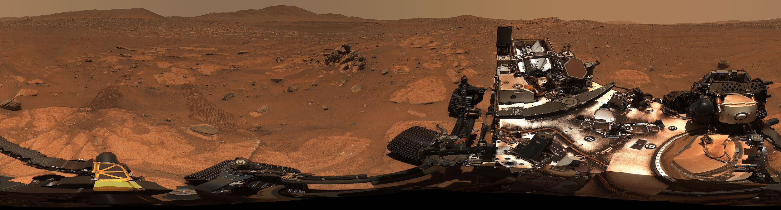 Composed of 993 individual images and 2.38 billion pixels, this 360-degree mosaic taken by NASA's Perseverance looks in all directions from a location the rover science team calls "Airey Hill."