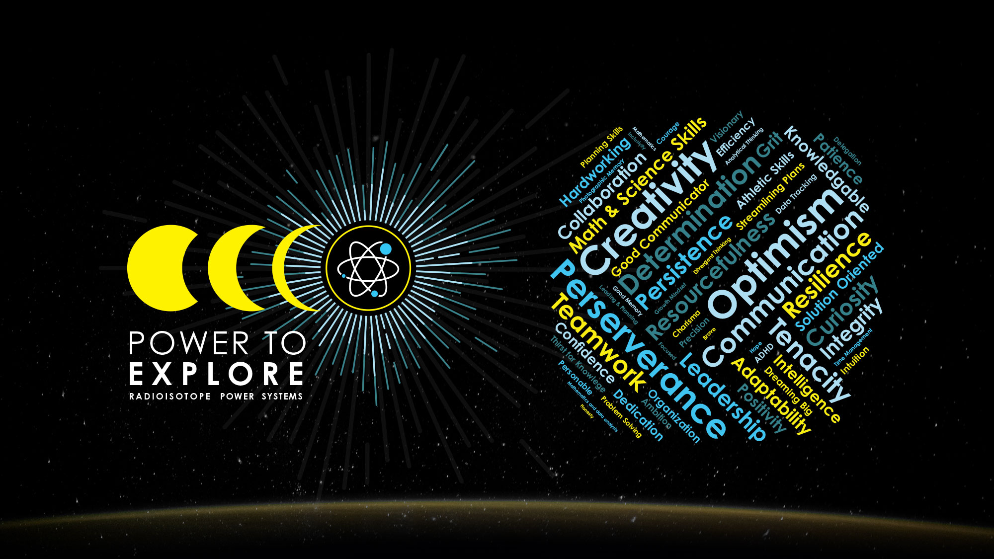 On the left, the Power to Explore logo shows an eclipse transforming into an atomic symboil. The right features a word cloud in which creativity, optimism, and determination are the largest words.
